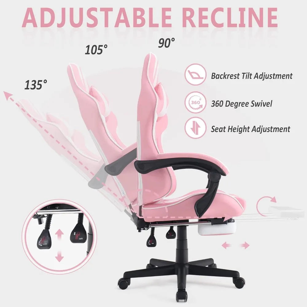 Pink Gaming Chairs with Footrest,